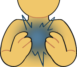 A close-up of an emoji yellow torso with hands cradling a blue patch on their chest that has spiky blue impact lines around it.
